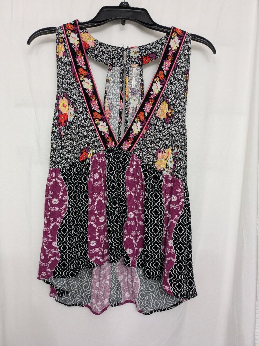 Free People Sleeveless Boho Tunic Top Large Floral Mixed Print Hi Low Blouse